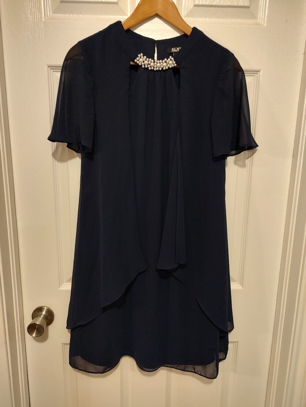 SLNY Navy Chiffon Shift Dress with Pearl Neckline